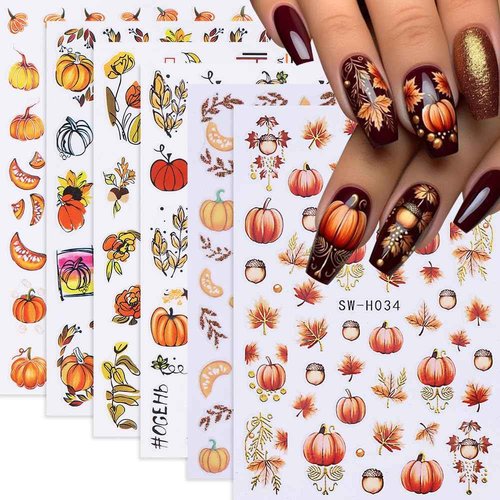 Fall Nail Art Stickers, Autumn Pumpkin Nail Decals 3D Self-Adhesive Red Gold Maple Leaf Pumpkin Fall Sunflower Flower Nail Art Design Thanksgiving Nail Accessories for Women Girls(6 Sheets)
