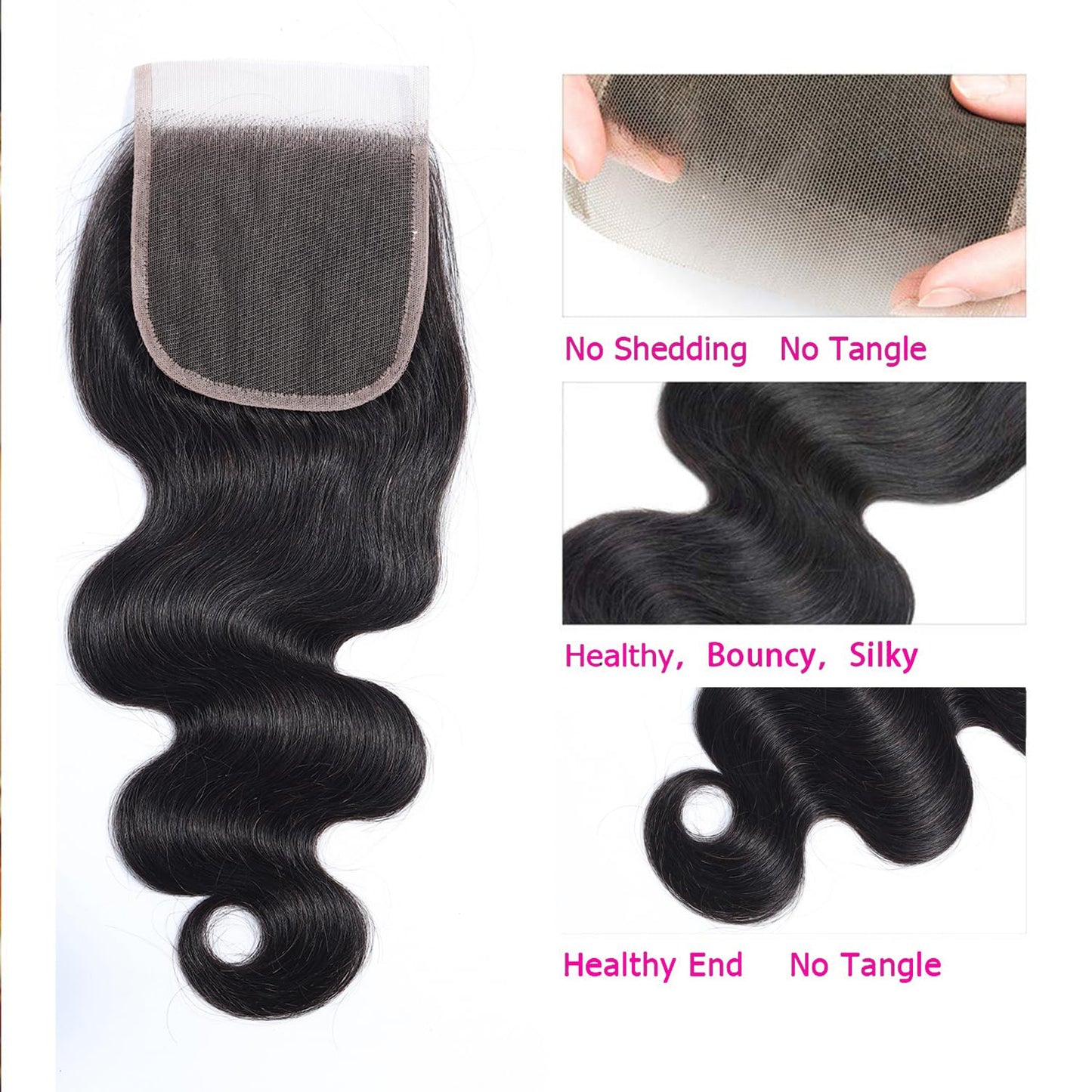 Selina Brazilian Body Wave Hair 3 Bundles With Free Part Closure Brazilian Virgin Human Hair 12A 100% Unprocessed Brazilian Hair Lace Closure Natural Black (16"18" 20"with 14" Closure, Body 3+1)