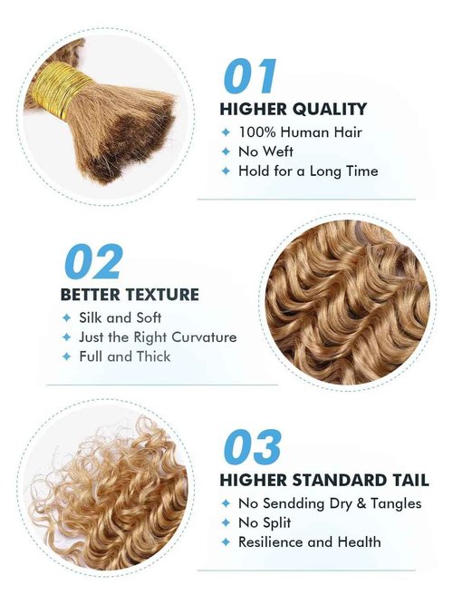 Human Braiding Hair for Boho Braids 100g 16 Inch Honey Blonde Curly Boho Hair for Braiding Knotless 12A Deep Wave Bulk Bohemian 2 Bundles/Pack Color 27
