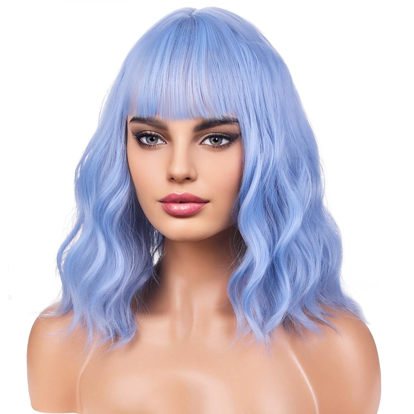 BERON 14 Inches Light Blue Wig for Women Girls Short Curly Wig Synthetic Wig Blue Wig with Bangs Lake Blue Wig with Wig Cap