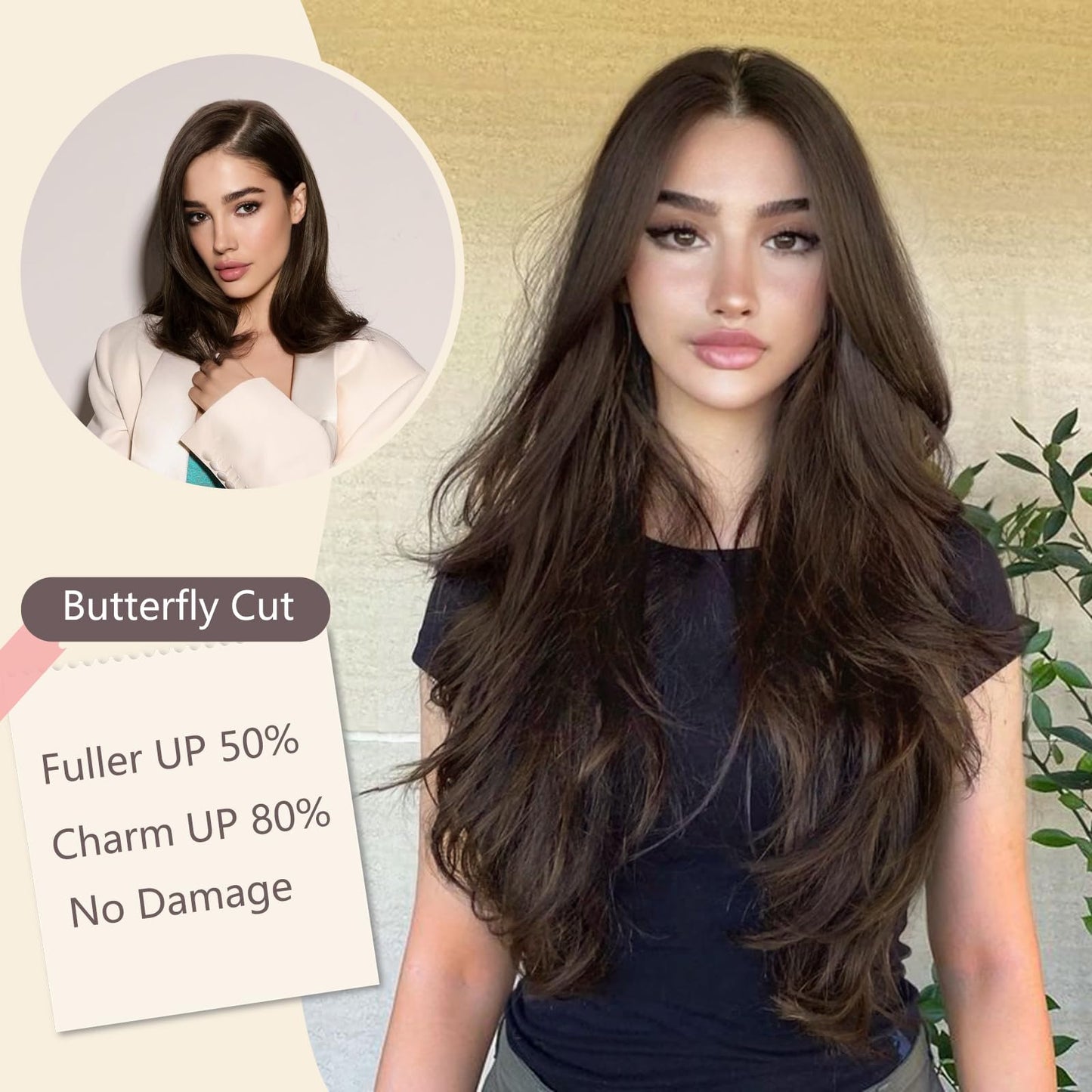 FORCUTEU Clip in Hair Extensions Long Layered Straight Wavy V-Shaped Hair Extension One Piece Milk Tea Brown Hair Extensions with 5 Clips for Women Daily Use