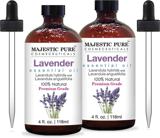 MAJESTIC PURE Lavender Essential Oil | 100% Pure and Natural | Premium Grade Essential Oils for Hair Care, Home Diffusers, Skin, Aromatherapy, Massage and Humidifiers | 4 Fl Oz (Pack of 2)