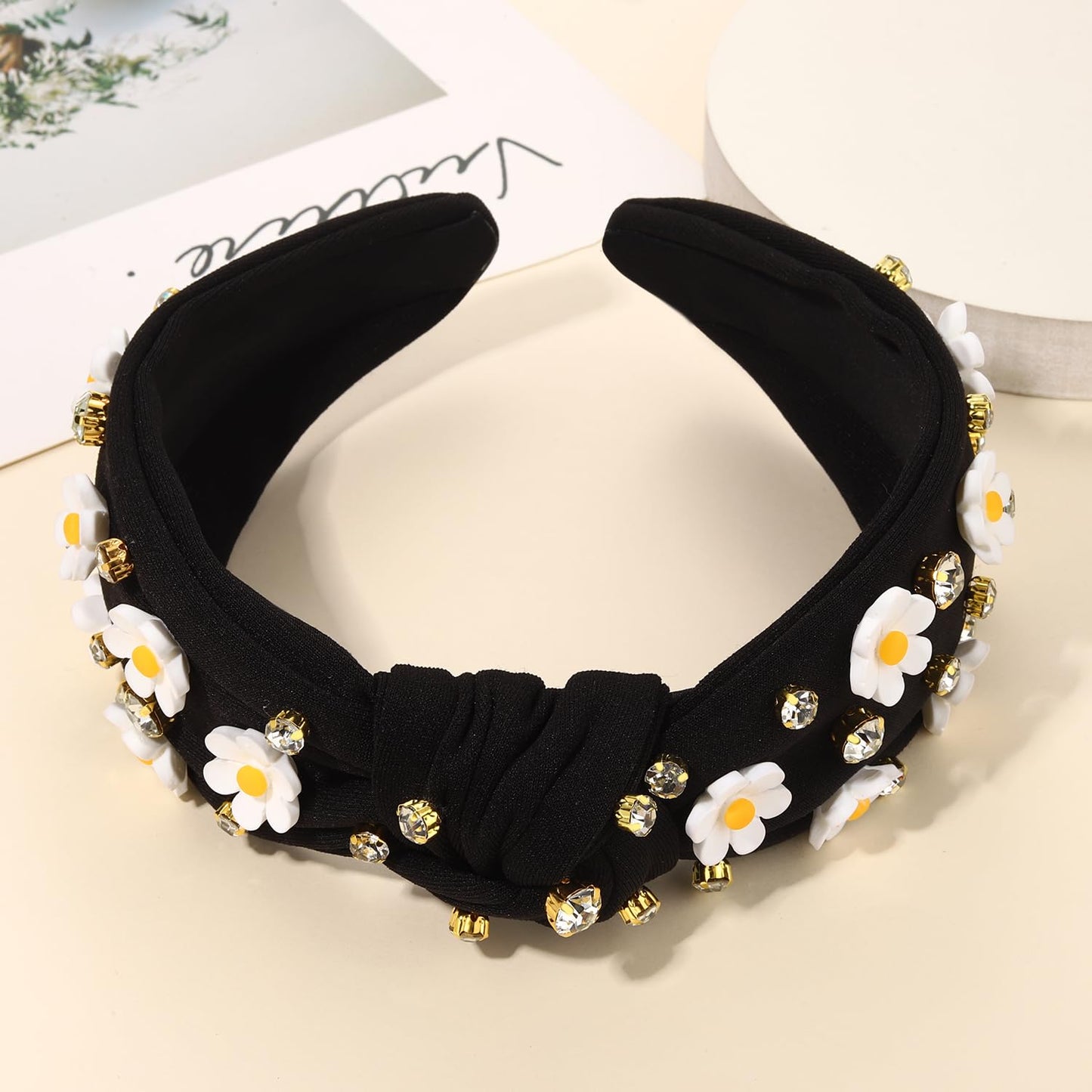 NVENF Flower Headbands for Women Spring Summer Floral Knotted Headbands Crystal Rhinestone White Pink Wide Top Knot Headband Beach Summer Hair Accessories Outfits Gifts (Flower B - Black)