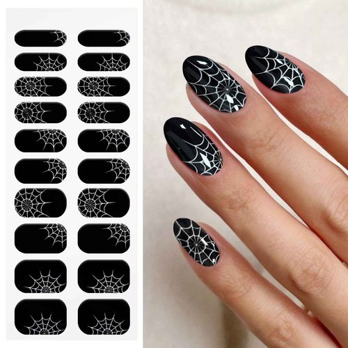 JMEOWIO Semi Cured Gel Nail Strips Halloween Black Gel Nail Stickers Nails Art Design Decoration Accessories