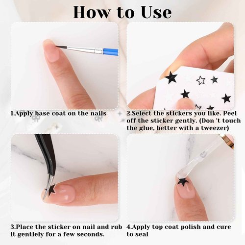 Abeillo 6 Sheets Nail Art Stickers, Star Heart Bows Nail Decals, Black White Nail Design Stickers, Self-Adhesive DIY Nail Charms for Women Girls Manicure Decoration