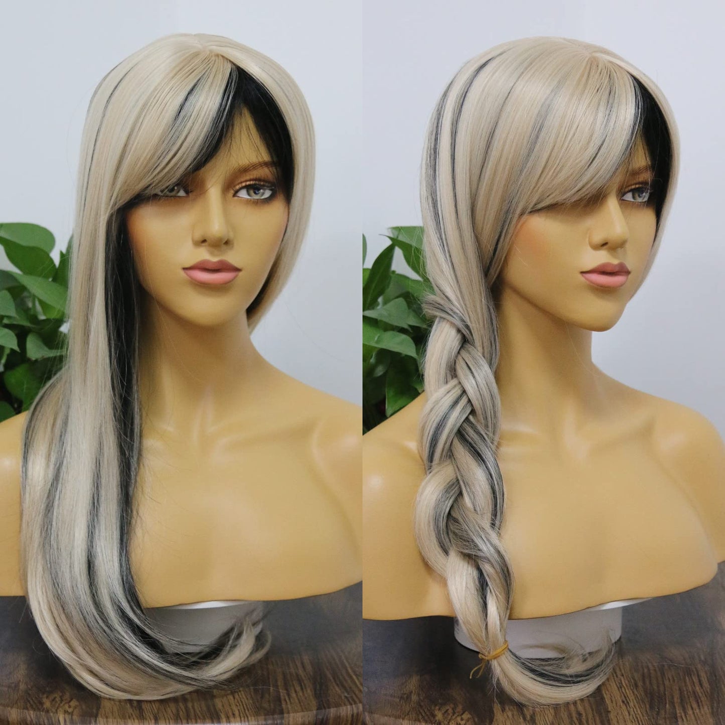 MSMYRNS 613 Blonde With Black Mixed Long Wavy Synthetic Wig Glueless Fringe Unit Heat Resistant Fiber None Lace Machine Made Scalp Top Wig For Women Daily Use Cosplay Party Costume Fashion Gifts