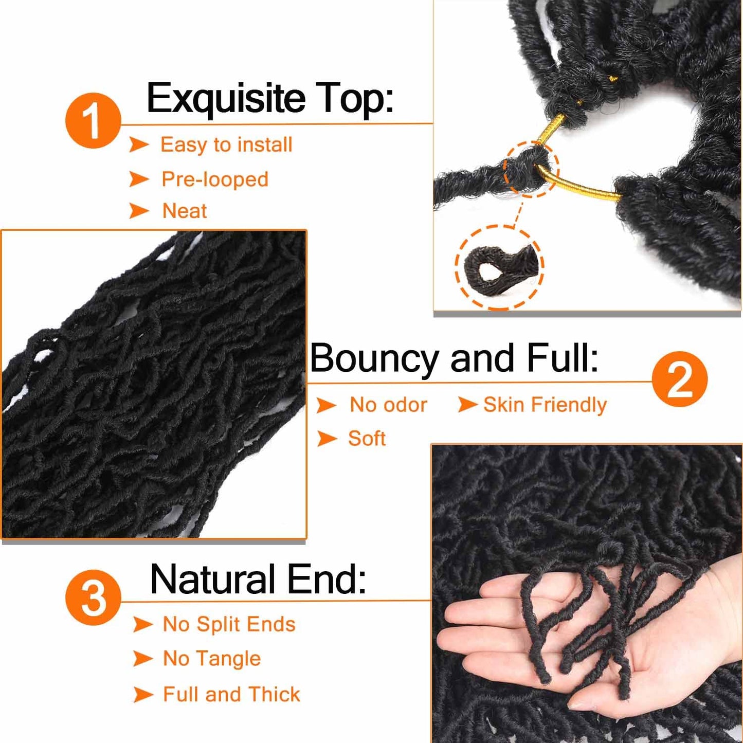 Soft Locs Crochet Hair 18 Inch 6 Packs Natural Black Faux Locs Crochet Hair Pre Looped Knotless Style Natural Curly Wavy Hair No odor, Skin Friendly, Bouncy (18 Inch, 6 Pack, 1B#)