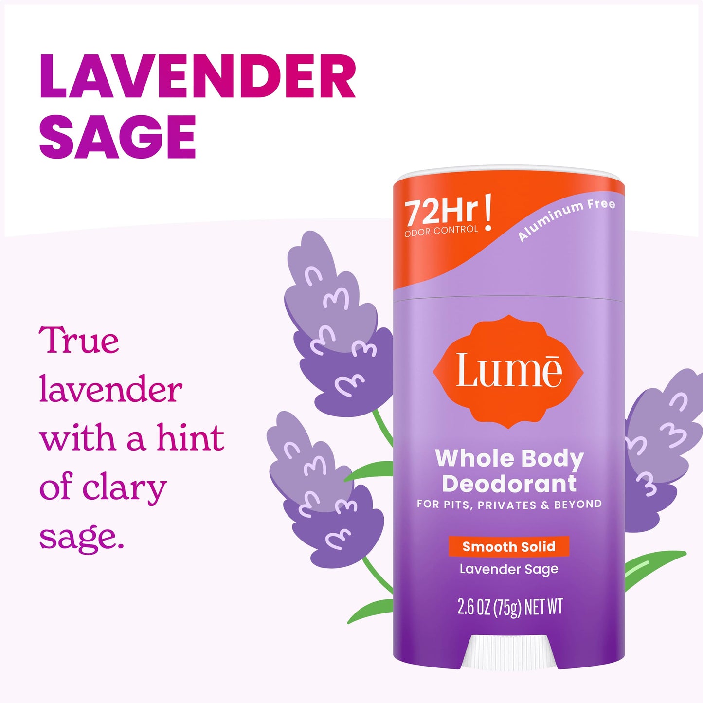 Lume Whole Body Deodorant - Smooth Solid Stick - 72 Hour Odor Control - Aluminum Free, Baking Soda Free and Skin Loving - 2.6 Ounce (Pack of 3) (Lavender Sage)