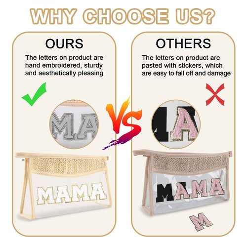 Iqimott Clear Patch Makeup Letter Bag, Boho Letter Bag for Beach Swim, Waterproof Zipper Make up Bags Toiletry Pouch for Women Girls, Clear Letters Patch Cosmetic Bags for Travel(Mama, Beige)