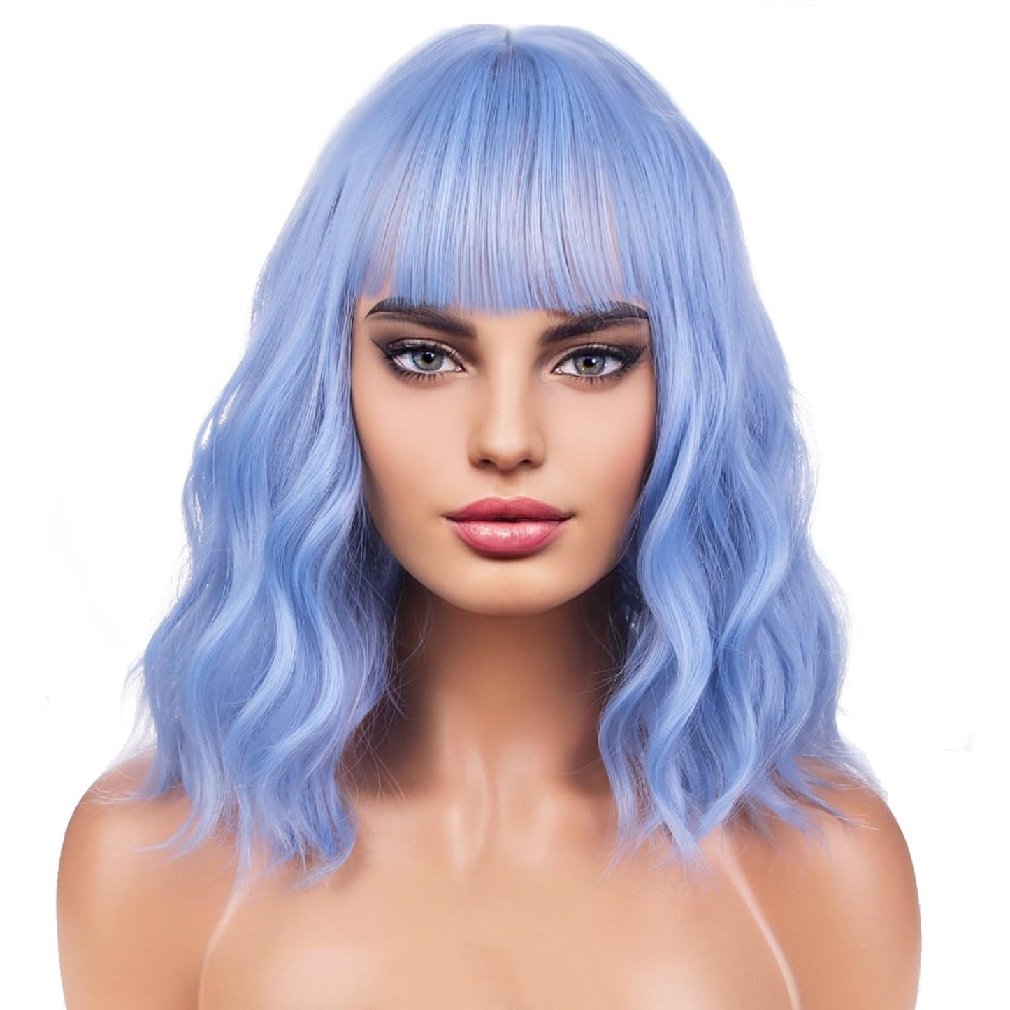 BERON 14 Inches Light Blue Wig for Women Girls Short Curly Wig Synthetic Wig Blue Wig with Bangs Lake Blue Wig with Wig Cap