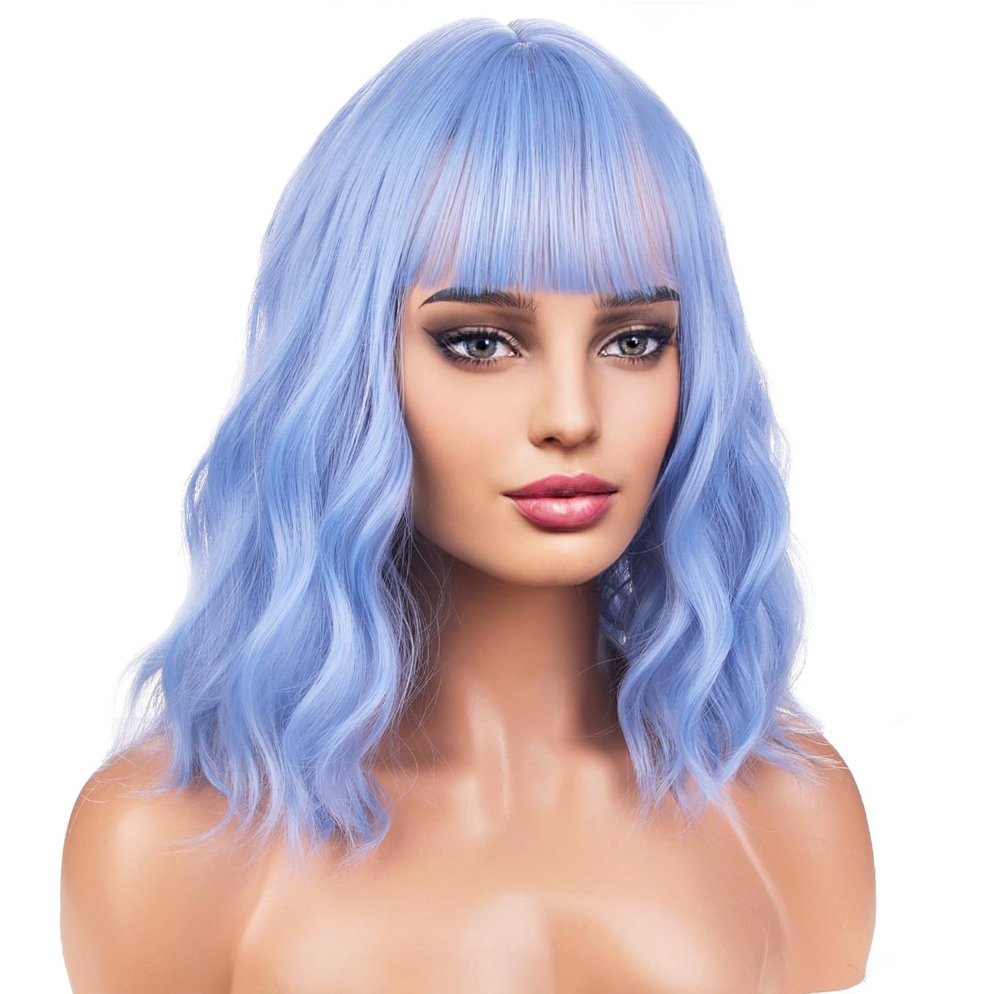 BERON 14 Inches Light Blue Wig for Women Girls Short Curly Wig Synthetic Wig Blue Wig with Bangs Lake Blue Wig with Wig Cap