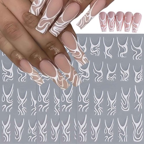 4Pcs White Swirls Lines Nail Stickers 5D Micro-Embossed Fantasy Wave Nail Art Stickers Abstract Lines Nail Decals Simple Design for Women Girls Daily Manicure French Embossed Engraved Nail Decorations