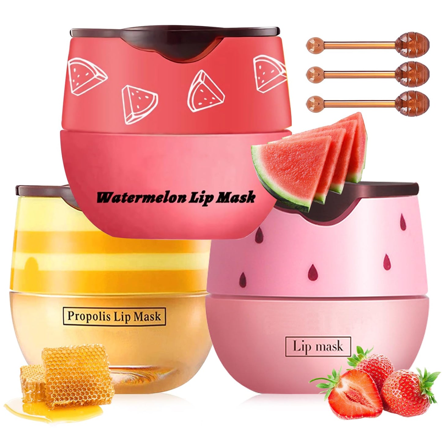 3 PCS Bee Lip Balm Lip Mask Honey Pot, Honey & Strawberry & Watermelon Lip Mask Overnight Propolis Moisturizing Lip Balm with Stick, Hydrating Repair Lip Sleeping Mask,Prevention Dry & Cracked