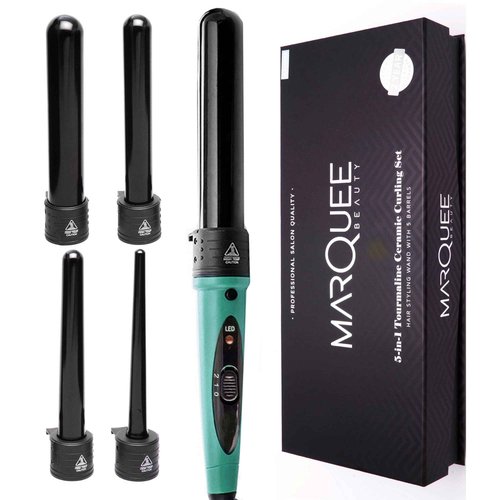 Marquee Beauty Professional Salon 8 Piece Flat And Curling Iron Set, 5 Interchangeable Ceramic Tourmaline Barrels, Heat Protectant Glove (Black)