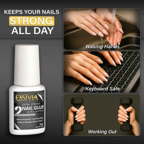 Super Strong Nail Glue for Press On Nails, Acrylic Nails & Nail Tips (10ml) Exsivia 2nd Gen NailBond for Fake Nails, Extra Strength,Long Lasting, Brush on Adhesive, No Dehydrator or Primer Needed