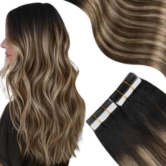 Moresoo Ombre Tape in Extensions Human Hair Black Rooted Hair Extensions Tape in Balayage Off Black to Blonde Mix with Brown Human Hair Extensions Tape in Real Hair 12 Inch #1B/4/14 20pcs 30g