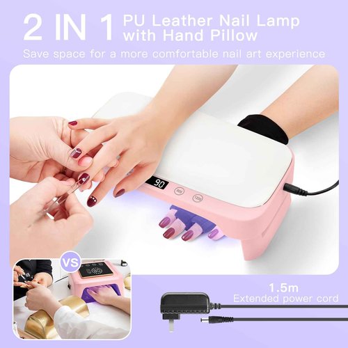 UV Nail Lamp with Arm Rest & UV Gloves, Professional LED Nail Light for Gel Nails Polish, 4 Timers Foldable Nail Dryer with Hand Rest for Nails Tech Manicure Salon Home Use Pink