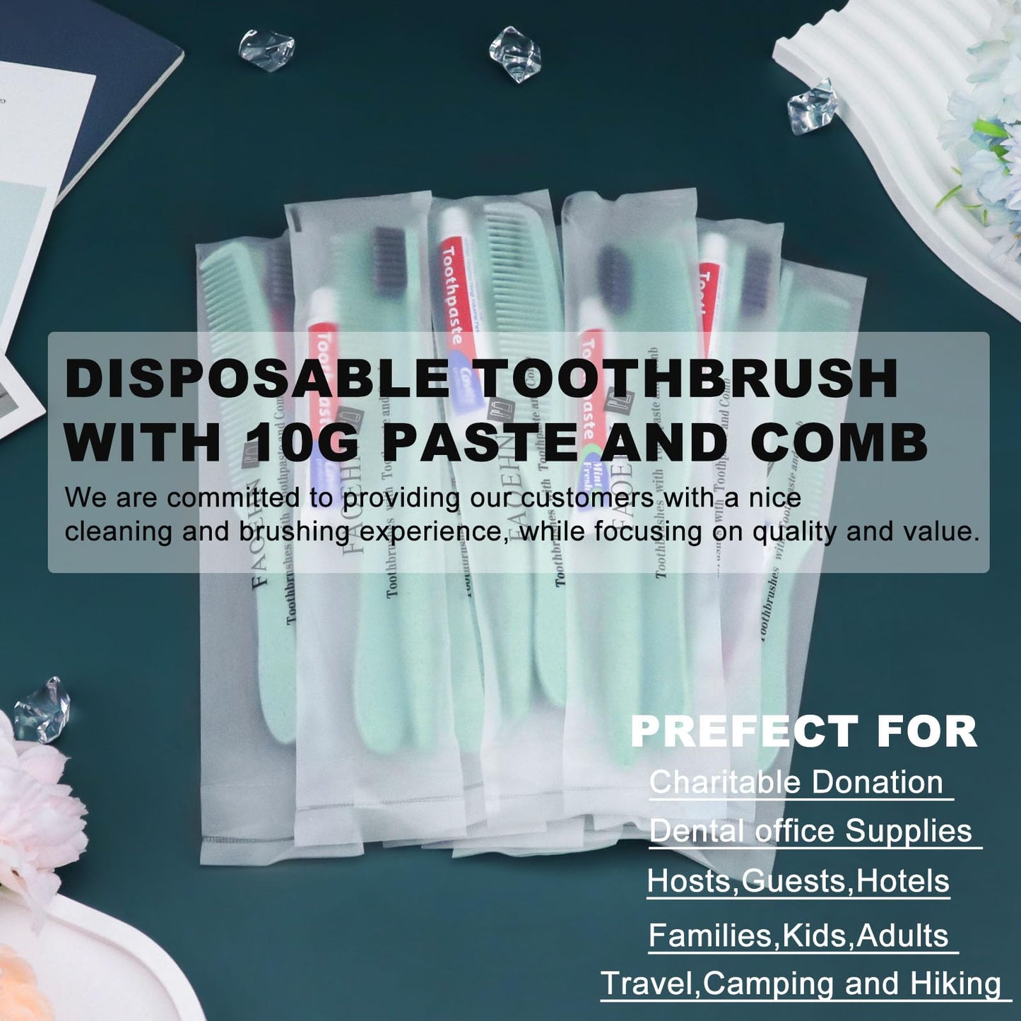 FAOEHN 10 Pack Green Disposable Toothbrushes with Toothpaste and Comb Set,10g Toothpaste,7inch Hair Comb,Individually Wrapped Disposable Travel Size Toothbrushes in Bulk for Homeless,Airbnb,Hotel