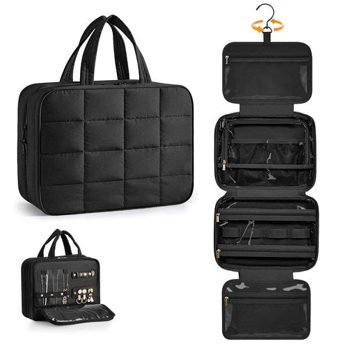 Manuqia Travel Toiletry Bag with Separate Jewelry Organizer, Water-resistant Makeup Bag with Hanging Hook, Large Capacity Travel Organizer for Toiletries, Cosmetic, Vacation Accessories - Medium