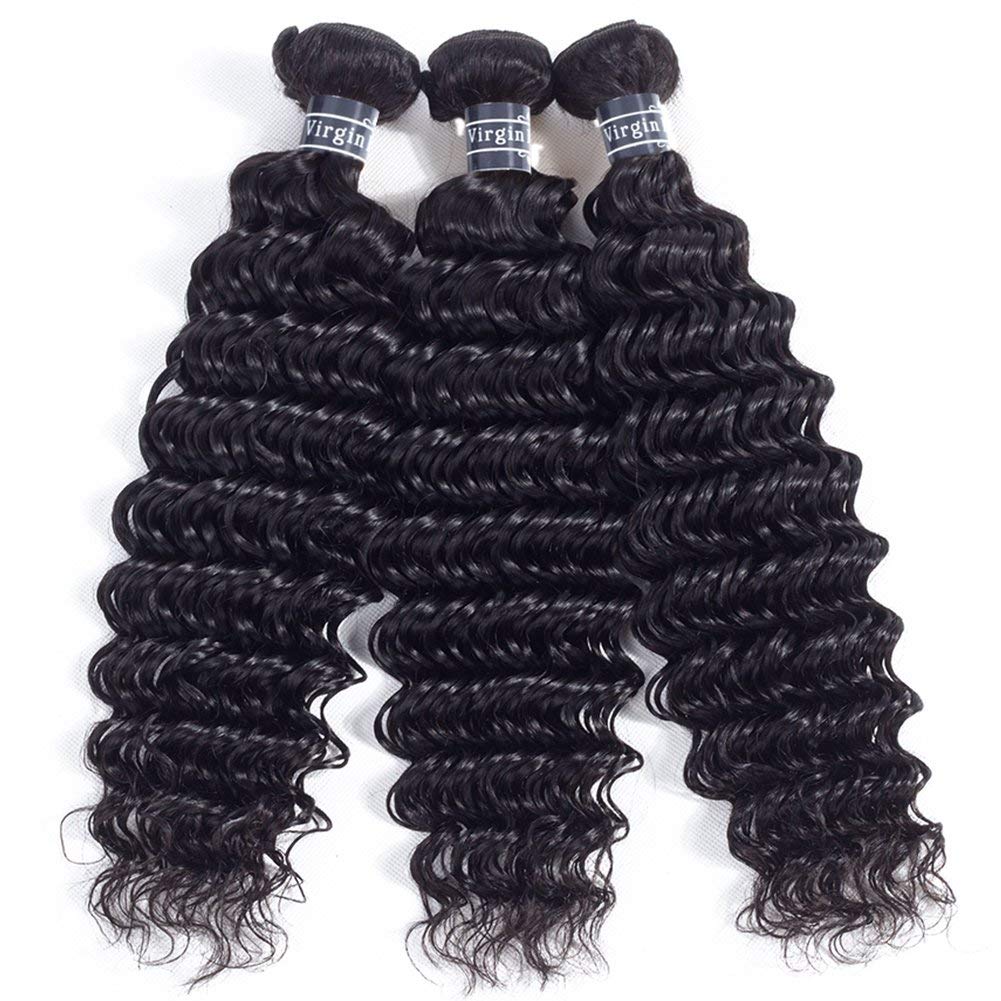 Amella Hair 8A Grade Brazilian Hair Deep Wave Virgin Human Hair Extensions Brazilian Deep Wave Hair Weave 3 Bundles Unprocessed Natural Black Color 12 14 16inch