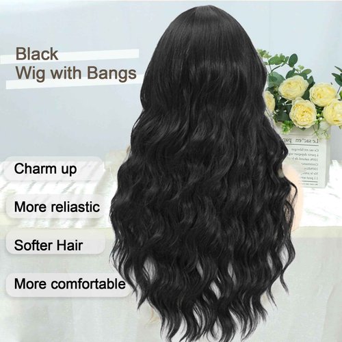 QYDEERY Black Wig with Bangs for Women Long Wavy Wigs Curly Synthetic Wig Natural Looking Hair Heat Resistant Wigs for Daily Party Use