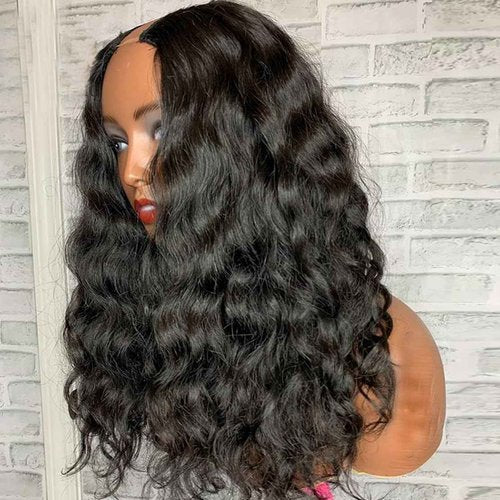 Curly V Part Wig Water Wave No Leave Out V Part Wigs Full Head Clip In Upgrade U Part Glueless Half Wigs for Black Women Premium Fiber & Remy Human Hair Blended (Natural Black, 22 Inch)
