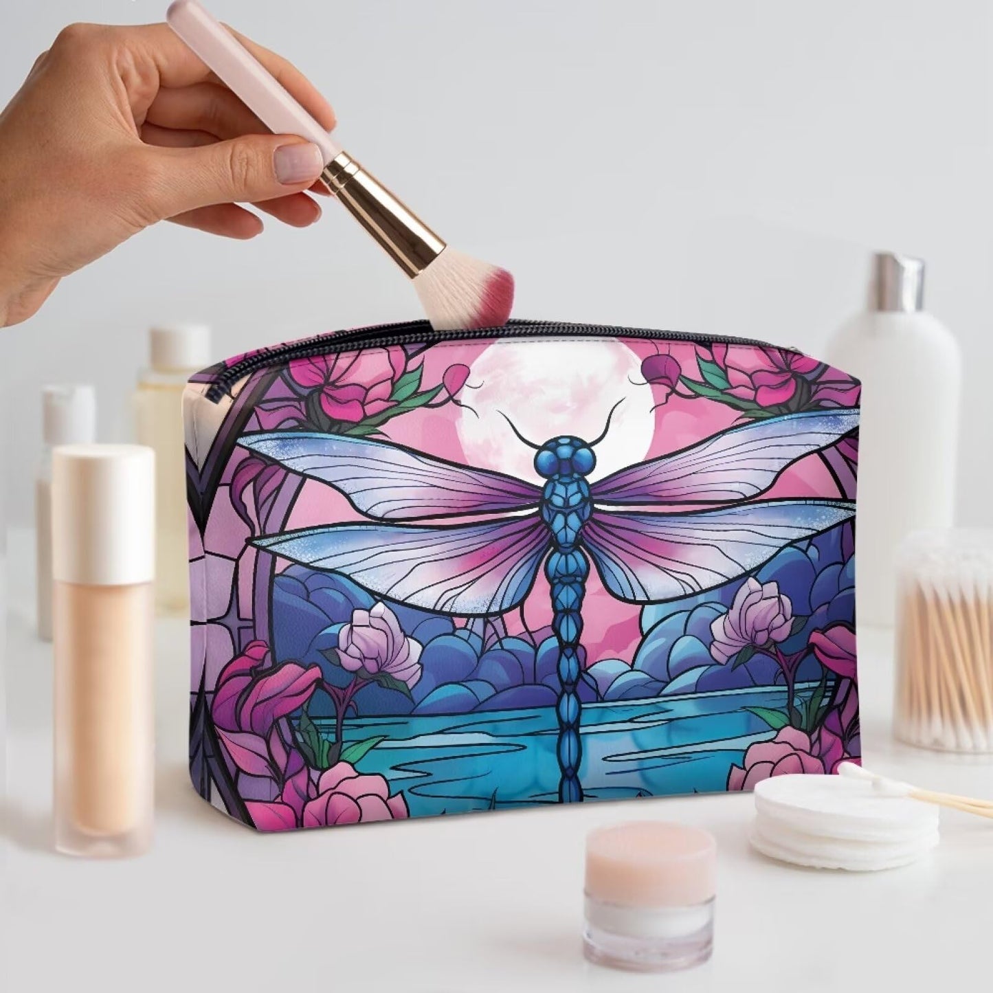 ELEDIZI Fantasy Dragonfly Makeup Bags for Women Travel Toiletry Bag for Women Carry On Portable Cosmetic Bags for Women Leather Waterproof Skincare Travel Bag with Zipper Birthday Gifts for Women