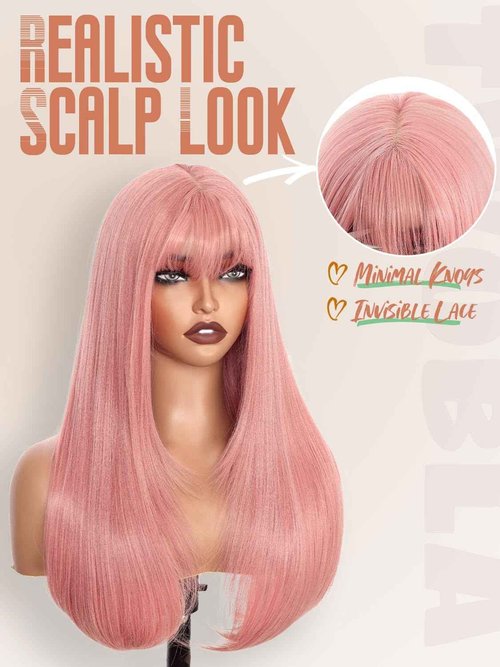 Pink Glueless Lace Front Wig For Women | 26 Inch Long Straight Layered Synthetic Wig With Curtain Bangs | Heat Resistant, Wear & Go, No Glue Needed | Cosplay & Daily Use