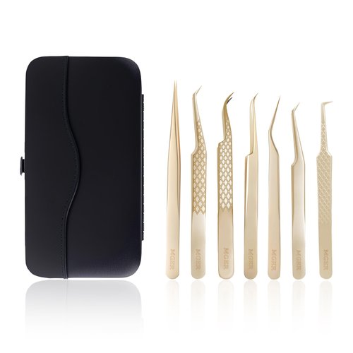 MGER Lash Tweezers for Eyelash Extensions,Diamond Grip 90 Degree Fiber Tip Volume Lash Extension Tweezers,Gold (7Pcs Tweezers Set)