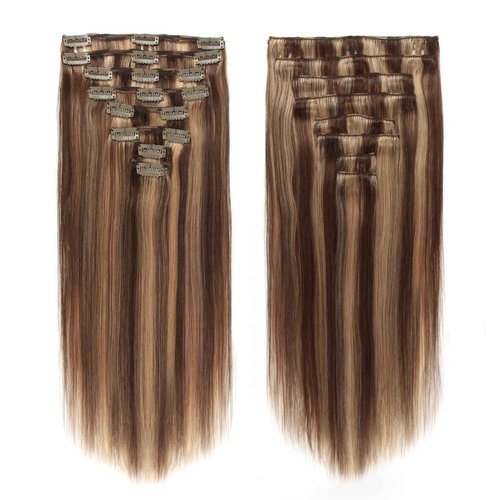 ABH AMAZINGBEAUTY HAIR Clip in Hair Extensions Real Human Hair Chocolate Brown Mixed to Dark Blonde Hair for Fashion Women Virgin Highlights Clip in Hair Double Wefts Silky Straight 90G 8Pcs 16 Inch