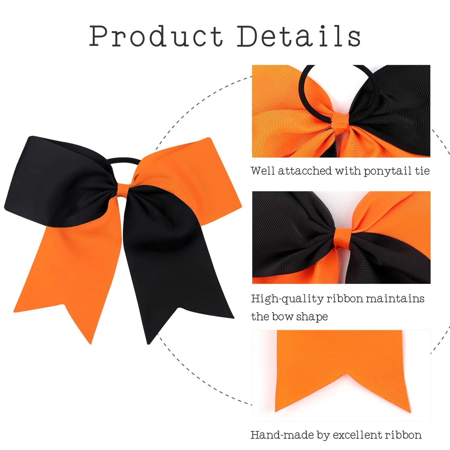 16PCS 8" Large Cheer Hair Bows Ponytail Holder Elastic Band Handmade for Cheerleading Teen Girls College Sports (Black/Orange, 16 Count (Pack of 1))