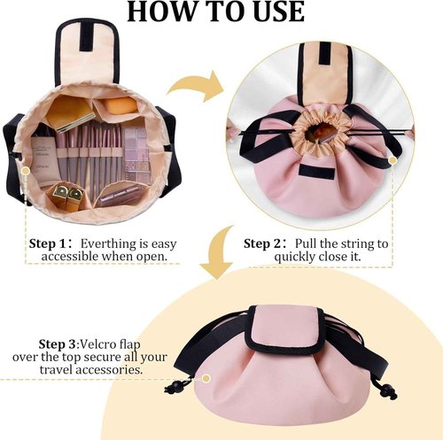 FANGENKE Drawstring Makeup Organizer,Lay Barrel Makeup Bag Cosmetic Bag Toiletry Bag for Travel,Portable Waterproof Make Up Bags for Women Brush Toiletries Accessories (Pink, Large)