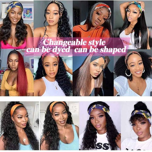 Maytune Headband Wig Curly Human Hair 14 Inch Headband Wigs Glueless Deep Wave None Lace Front Wigs for Black Women Water Wave Headband Wigs 150% Density Natural Color