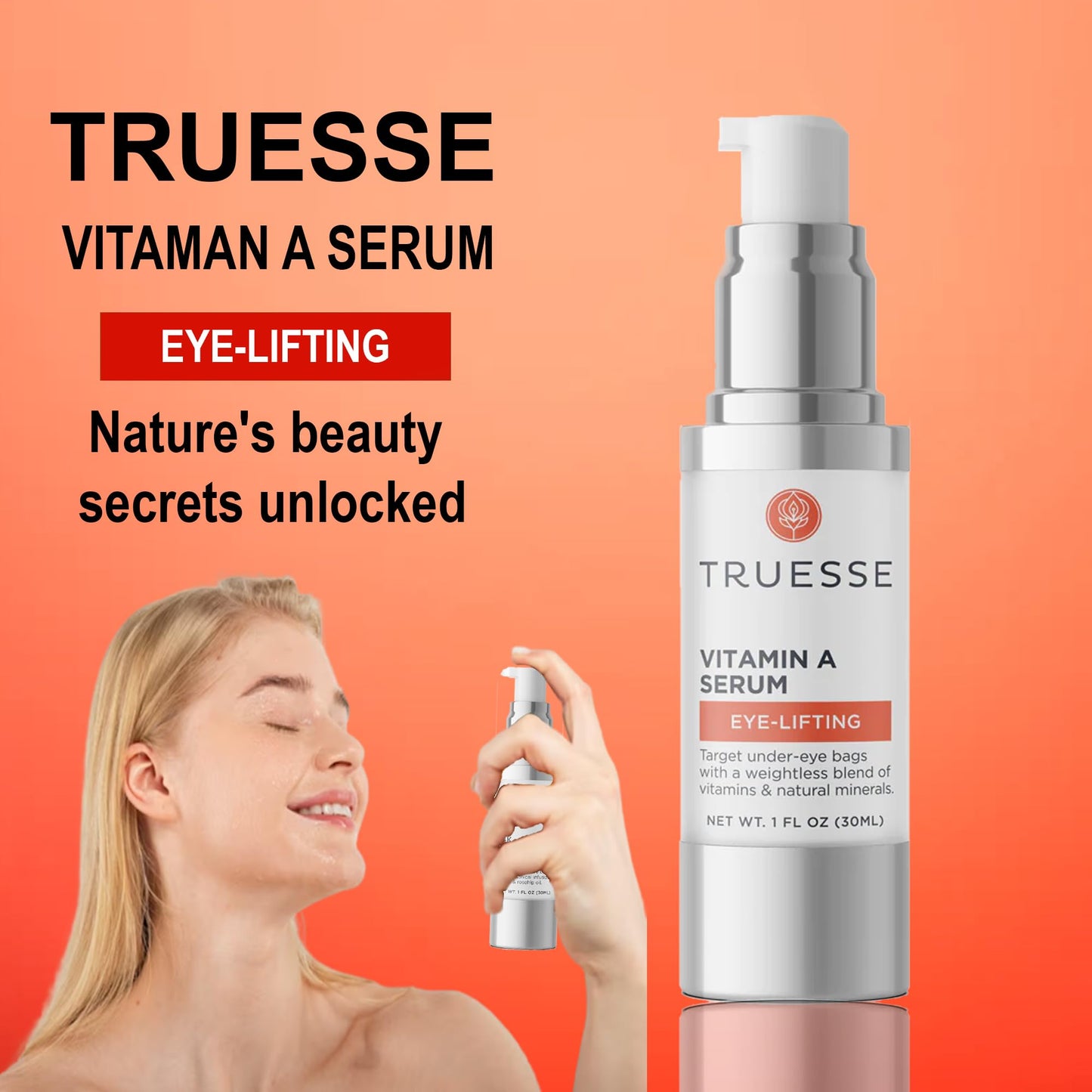 TRUESSE Ayurvedic Vitamin A Serum – Natural Retinol for Firm Bright Skin - Reduces Under Eye Bags – Hyaluronic Acid for Hydration