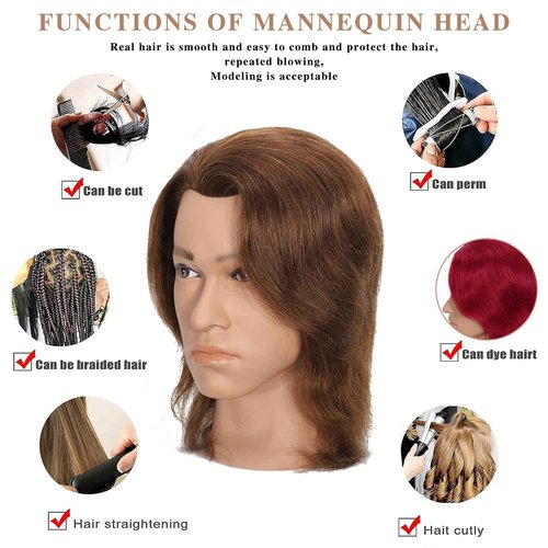 TKIMHEQ 12" Male Mannequin Head with 100% Human Hair Haircut Training Head for Cosmetology Straight Thick Hair Manikin Head Doll Head with Stand Practice Cutting Styling (Brown#)