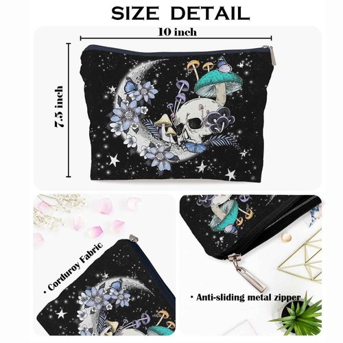 Ayxvt Gothic Hippie Skull Moon Mushroom Botanical Leaf Starry Night Corduroy Cosmetic Bag Decorative Women's Makeup Bag Zipper Pouch Travel Toiletry,Gifts for Skull Lovers Women Girls（Corduroy）