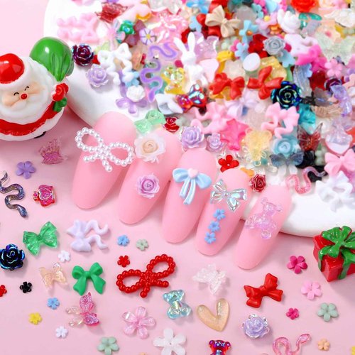 Sinyanail 300 Pieces 3D Mix Assorted Resin Nail Charms Hollow Pearl Heart Nail Art Charms Gems Gummy Bear Star Heart Flowers Acrylic Beads