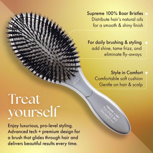 Olivia Garden Ceramic + Ion Supreme Styler Cushion Paddle Brush - Boar & Ionic for Shine, Frizz Control & Smoother Hair - 100% Boar Bristles - Silver