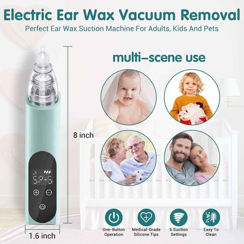 Ear Wax Vacuum Removal Tool, 6 Gear Strong Suction Electric Ear Cleaner Ear Vacuum Wax Remover, USB Charge Ear Wax Suction Removal Kit, Reusable Ear Suction Vacuum Device for Adults and Kids (Blue)