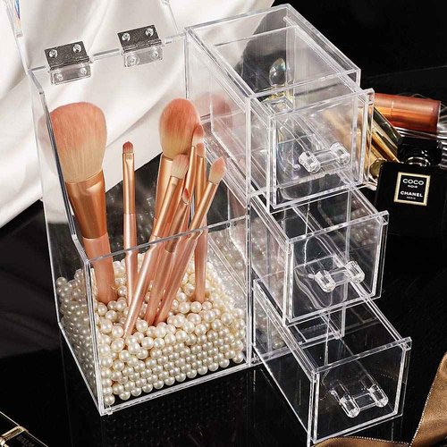 ShellKingdom Makeup Brush Holder,Clear Cosmetic Brushes Organizer With Drawer for Storage Brushes with Lid and Pearl for Dressing Tables and Vanity