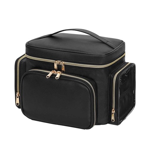 Bagmoly Large Makeup Bag, Portable Travel Makeup Bag Organizer for Women Girls with Makeup Brush Compartment & Two Side Pockets, Cosmetic Travel Bag Vertical Storage Toiletry Bag - Black