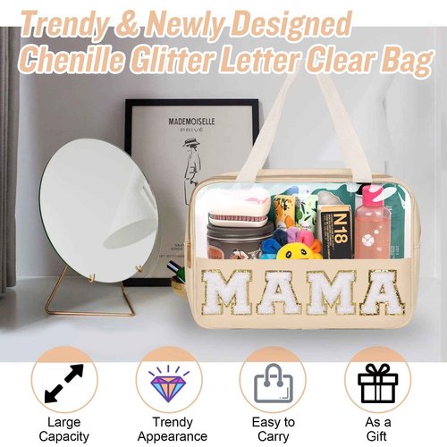 Preppy Clear Mama Makeup Bags with Chenille Letter Patches, Travel Essentials Large Clear Make up Bag Zipper Pouch with Handle, Waterproof Nylon Cosmetic Toiletry Storage Tote for Women (MAMA-Beige)
