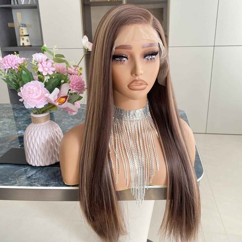 Carkira Long Brown Wig with Blonde Highlight 13x6 Lace Front Wigs Ombre Dark Root Silk Straight Synthetic Fiber 24Inch Pre Plucked for Women Girls