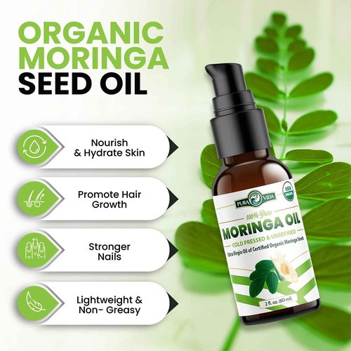USDA Organic Moringa Seed Oil: 100% Pure, Cold Pressed, Unrefined Moringa Oleifera Seed Oil. 2 oz Bottle with Treatment Pump. For Skin and Hair - Food Grade for Oral Consumption