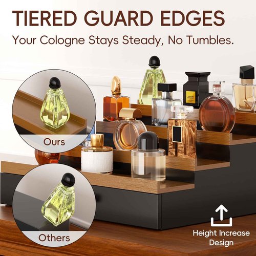 4 Tier Cologne Organizer for Men, Wooden Cologne Stand, Perfume Display Stand with Felt Lining Drawer & 2 Hidden Compartments, Gift for Men, Walnut