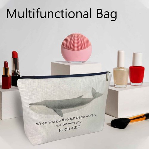 CLHHM Whale Shark Christian Makeup Bag, Bible Verse Cosmetic Pouch, Inspirational Gift for Women (Isaiah 43:2 Design), Christian Shark Gifts for Bible Study, Baptism, Birthdays