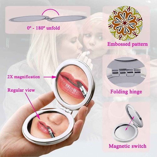 Beaufy Compact Mirror Bulk Handheld - Pocket Purse Travel Makeup Mirrors Round Folding Portable Dual Sided 2X Magnification- Mandala Designs Gift for Girls Women - Pack of 6