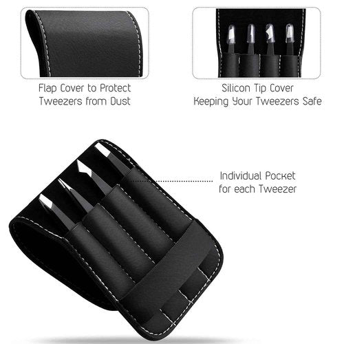 PeakTrend 4-Piece Tweezers Set, High Precision Stainless Steel Eyebrow Tweezers for Facial Hair, Inward Growing Hair and Splinter Remover Kit, Suitable for Women and Men with Leather Travel Case