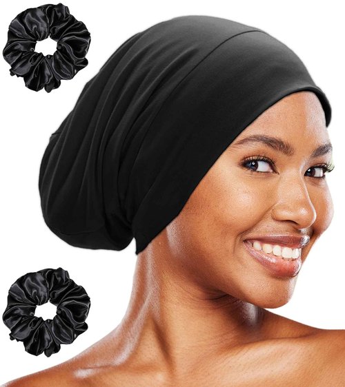 Sleep Cap Bonnet for Sleeping Black Women, Adjustable Cooling Ice Silk Lined Bonnet for Curly Braids Hair Cover Stay on All Night Cap Beanie Hat Black