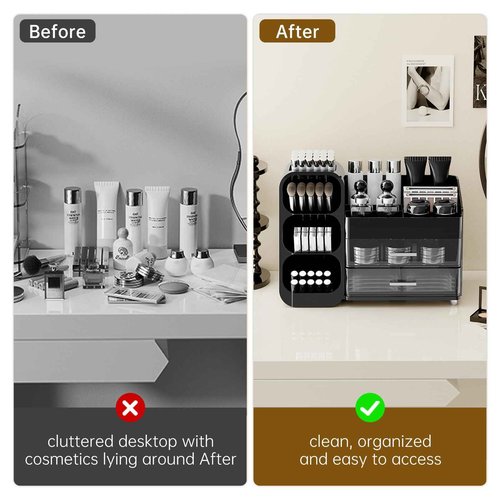 UFORU Makeup Organizer for Vanity with Brush Holder, Countertop Skincare Organizer with 2 Drawers, Spacious Cosmetic Display Case for Perfumes, Cologne, Shaving Lotion